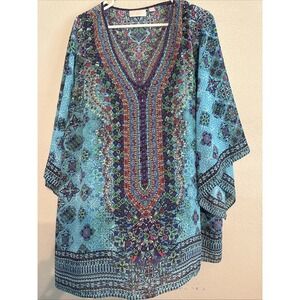 Belle by Kim Gravel Boho Tunic Top 3X Turquoise Medallion Resort Wear Festival